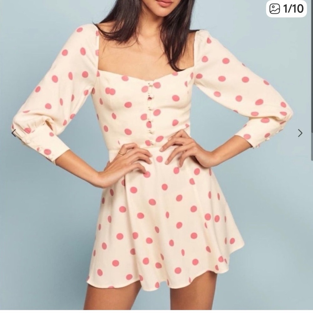 Reformation Lumiere Pink Polka Dot Square-Neck Mini Dress size 12